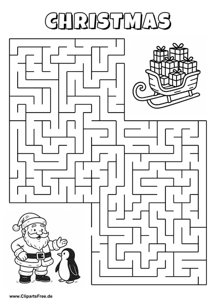 Labyrinth-Rätsel zum Drucken 'Weihnachtsmann und Pinguin suchen den Weg zu ihren Schlitten'