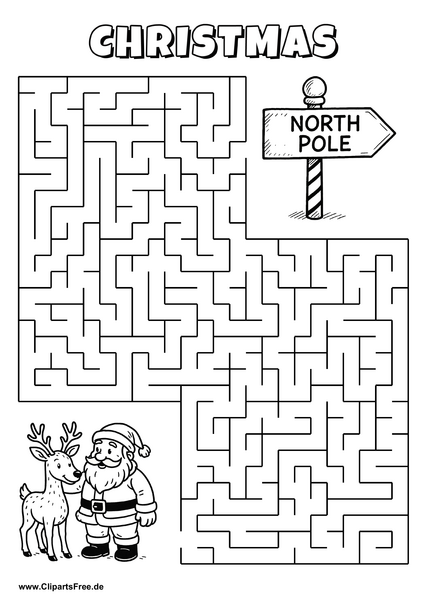 Labyrinth-Rätsel zum Drucken 'Weihnachtsmann und Rentier suchen den Weg zum Nordpol-Schild'