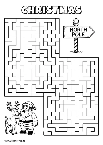Labyrinth-Rätsel zum Drucken 'Weihnachtsmann und Rentier suchen den Weg zum Nordpol-Schild'