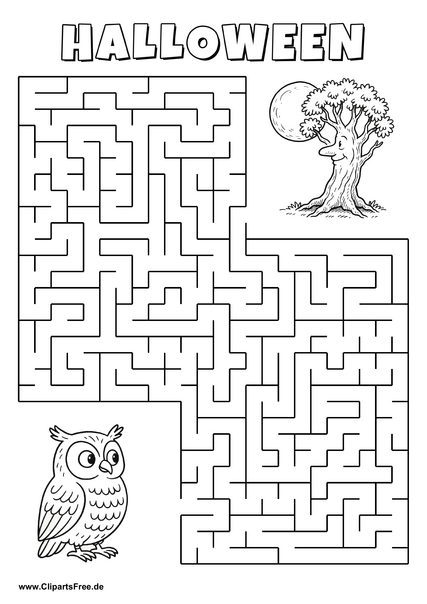 Eule sucht Baum im Vollmond Labyrinth zum Drucken