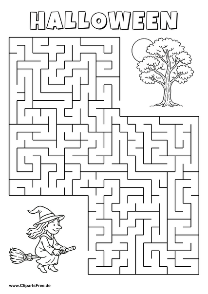 Hexe auf dem Besen sucht Baum Labyrinth zum Drucken