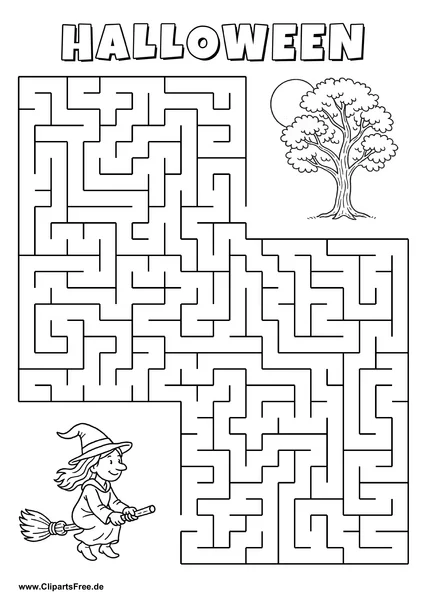 Hexe auf dem Besen sucht Baum Labyrinth zum Drucken