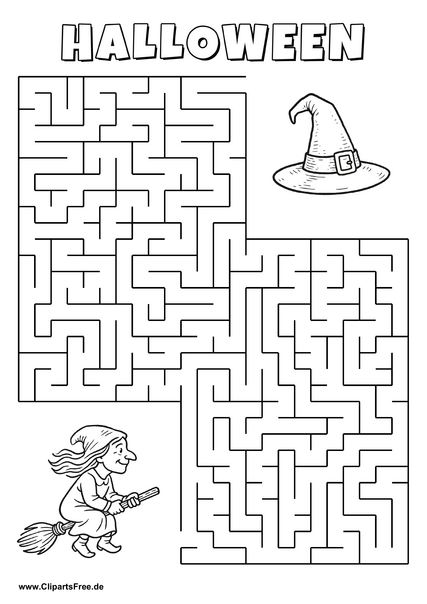 Hexe auf dem Besen sucht den Hexenhut Labyrinth zum Drucken