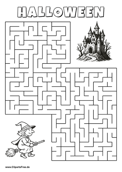 Hexe auf dem Besen sucht gruseligen Schloss Labyrinth zum Drucken
