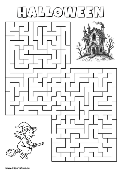 Hexe fliegt auf dem Besen und sucht gruseliges Haus Labyrinth zum Drucken