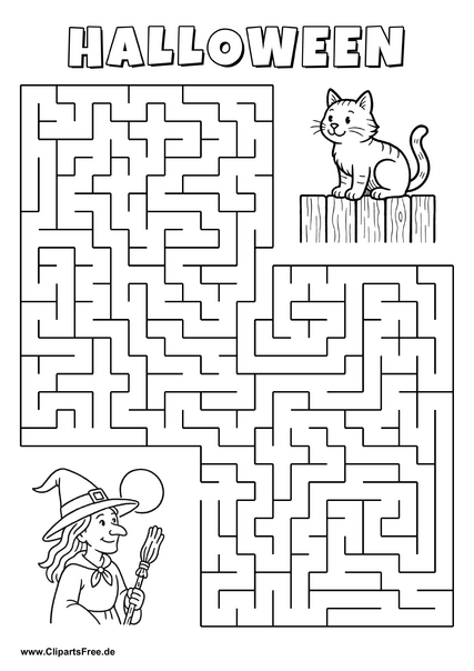 Hexe im Mondlicht sucht Katze auf dem Zaun Labyrinth zum Drucken