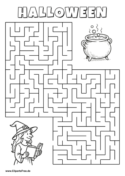Hexe mit Zauberbuch sucht Kessel mit Zaubertrank Labyrinth zum Drucken