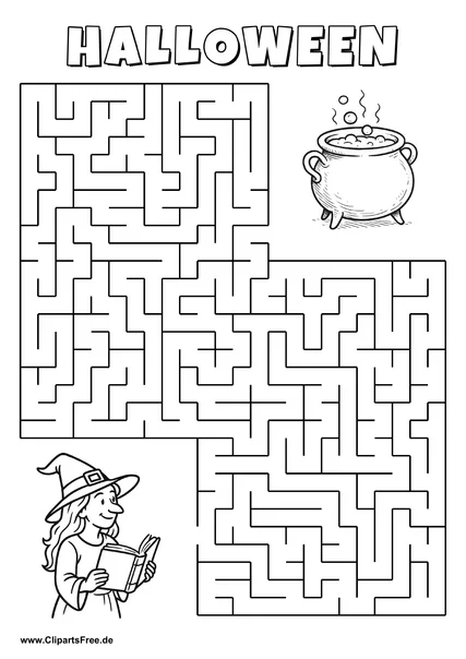 Hexe mit Zauberbuch sucht Kessel mit Zaubertrank Labyrinth zum Drucken