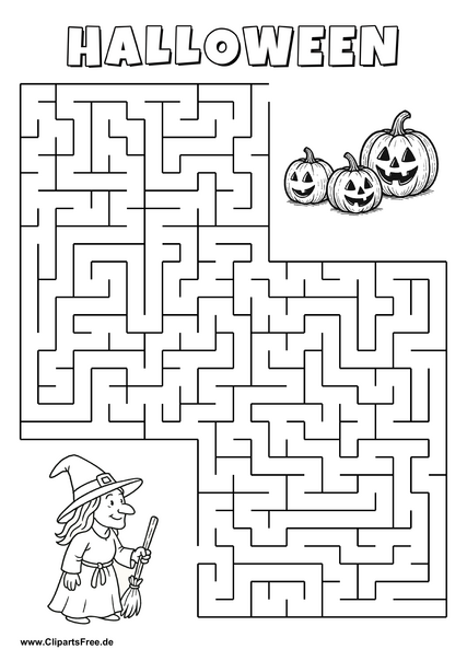 Hexe sucht drei Kürbisse zum Halloween Labyrinth zum Drucken