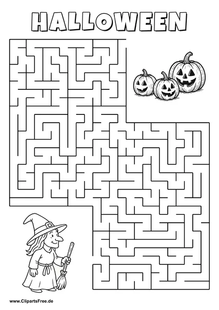 Hexe sucht drei Kürbisse zum Halloween Labyrinth zum Drucken
