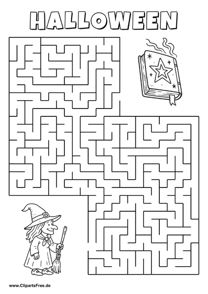 Hexe sucht ihr Zauberbuch Labyrinth zum Drucken