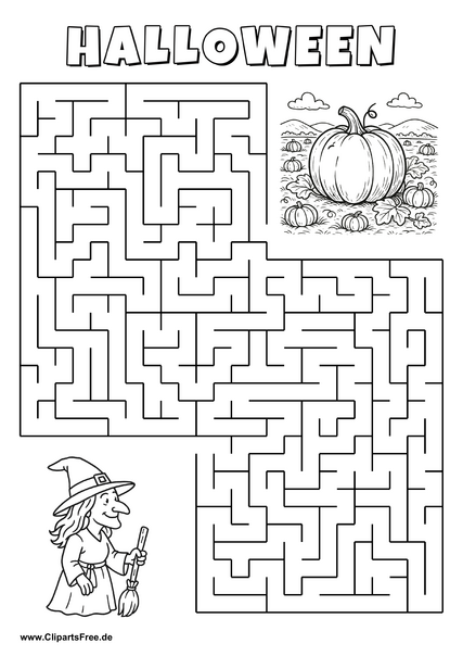 Hexe sucht Kürbisfeld Labyrinth zum Drucken