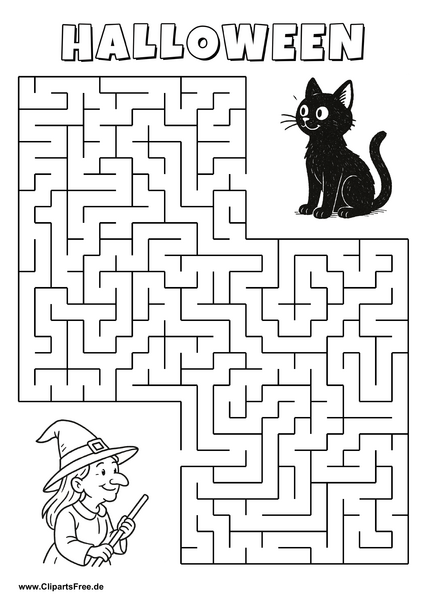 Hexe sucht schwarze Katze Labyrinth zum Drucken