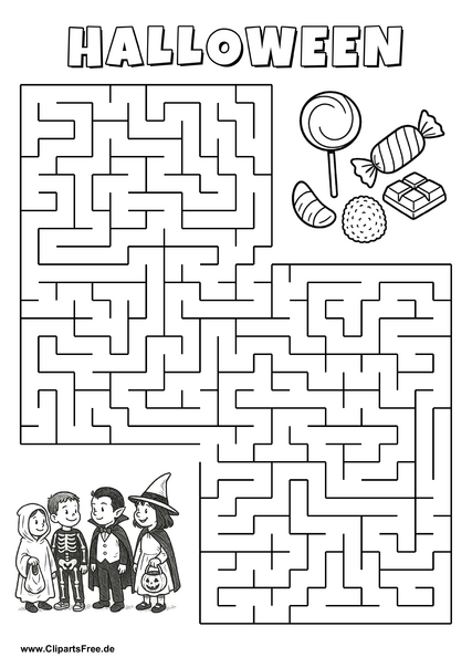 Kindergruppe in Halloweenkostümen sucht Süßigkeiten Labyrinth zum Drucken