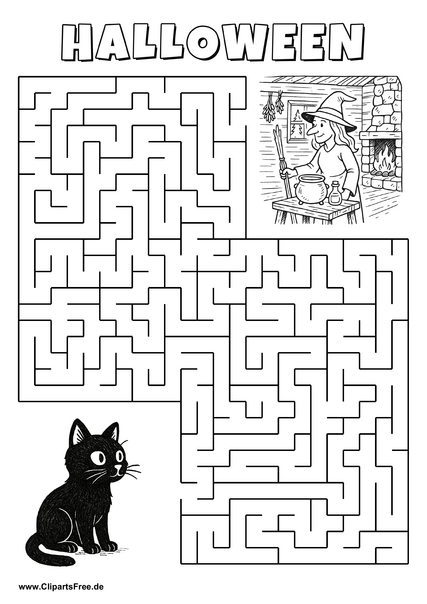 Schwarze Katze sucht den Weg zum Hexenhaus Labyrinth zum Drucken