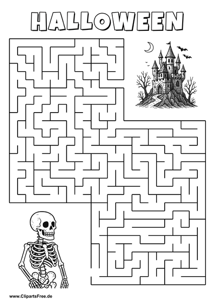Skelett sucht gruselige Burg Labyrinth zum Drucken