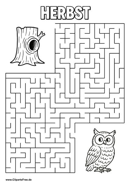 Eule sucht Baumhöhle Labyrinth zum Drucken