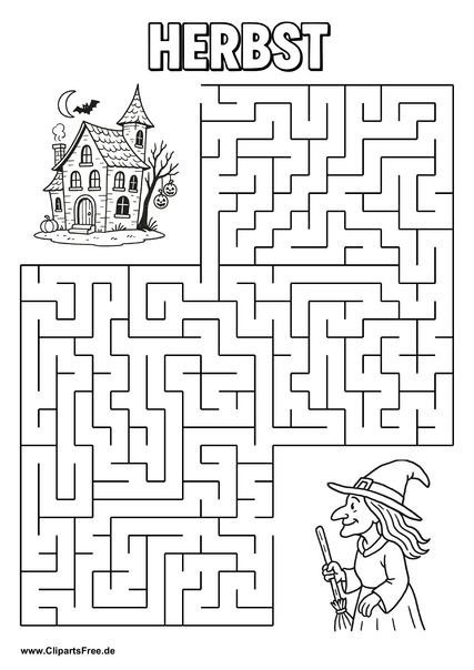 Hexe sucht gruseliges Haus Labyrinth zum Drucken