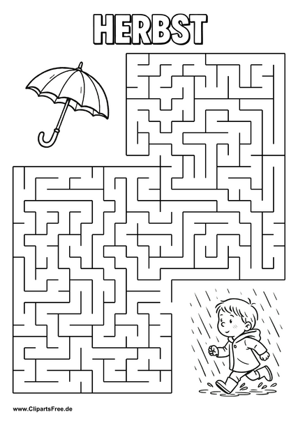 Junge im Regen sucht Regenschirm Labyrinth zum Drucken