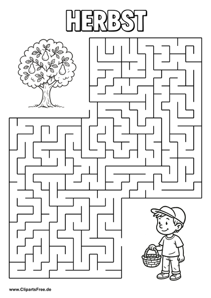Junge mit Korb sucht Birnen Labyrinth-Rätsel zum Drucken