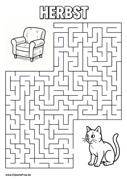 Katze sucht Sessel Rätsel-Labyrinth zum Drucken