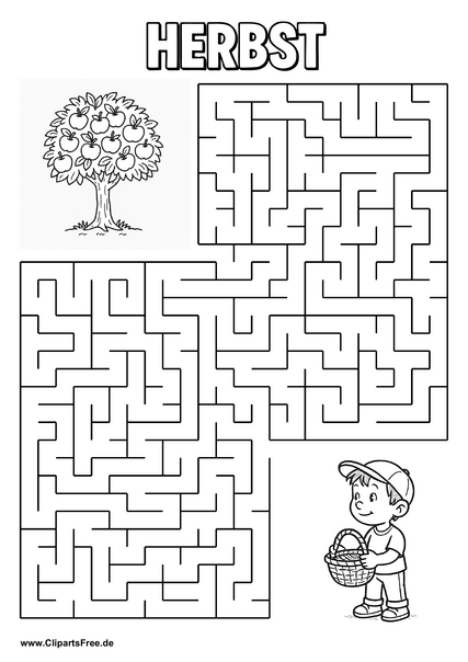 Kind mit Korb sucht Apfelbaum Labyrinth zum Drucken