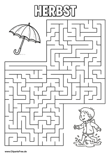 Kind sucht Regenschirm Labyrinth zum Drucken als PDF