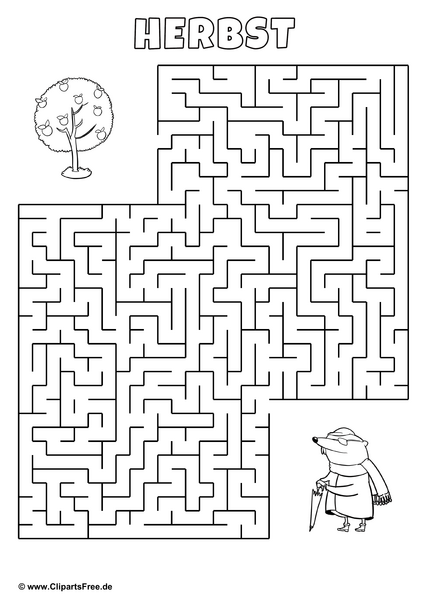 Labyrinth-Rätsel, als PDF-Druckvorlage 'Maulwurf und Apfelbaum'