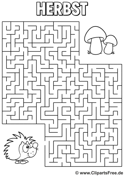 Labyrinth-Rätsel 'Igel und Pilze' - Druckvorlage zum Thema 'Herbst'