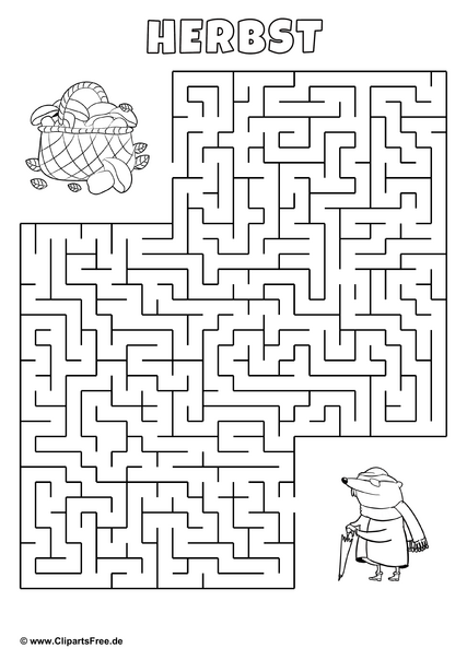 Labyrinth-Rätsel 'Maulwurf sucht Korb mit Pilzen' - Druckvorlage zum Thema 'Herbst'