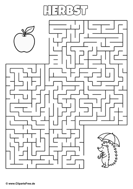 Labyrinth 'Igel sucht Apfel' zum drucken als PDF-Ausmalbild