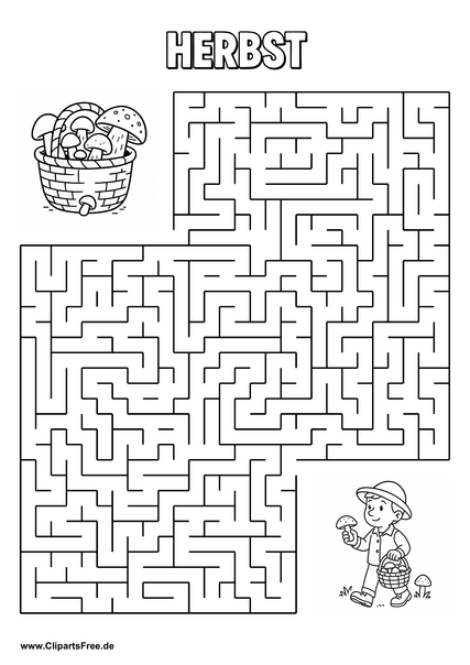 Rätsel-Labyrinth 'Junge sucht Pilze im Wald' download als PDF