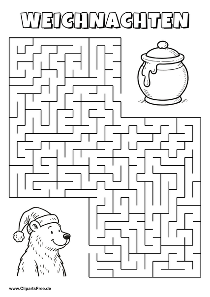 Bär mit Weihnachtsmütze sucht Honig Labyrinth zum Drucken