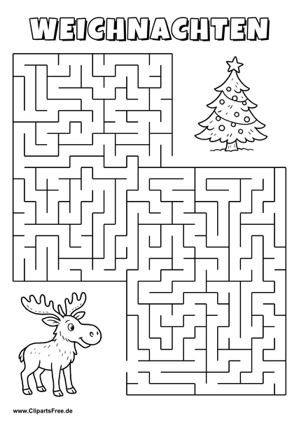 Elch sucht Weihnachtsbaum Labyrinth zum Drucken