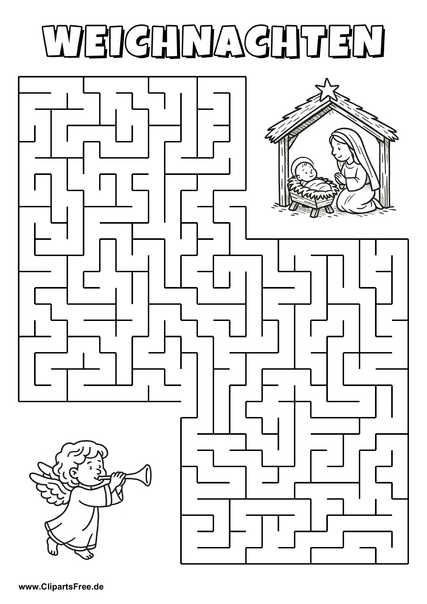 Engel sucht Weihnachtskrippe Labyrinth zum Drucken