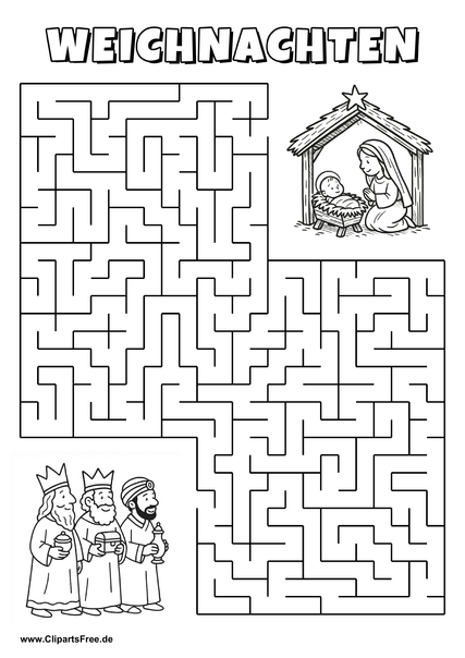 Heilige Drei Könige sucht Weihnachtskrippe Labyrinth zum Drucken