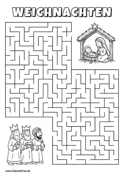 Heilige Drei Könige sucht Weihnachtskrippe Labyrinth zum Drucken