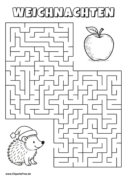 Igel mit Weihnachtsmütze sucht Apfel Labyrinth zum Drucken