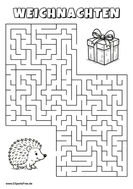 Igel sucht Geschenk zu Weihnachten Labyrinth zum Drucken