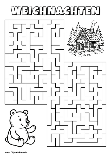 Irrgarten zum Drucken 'Hilf dem Bären, den Weg zu dem Haus im Wald zu finden'