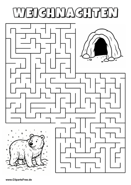 Irrgarten zum Drucken 'Hilf dem Bären im Schnee, den Weg zu der Höhle zu finden'