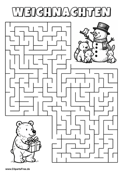 Irrgarten zum Drucken 'Hilf dem Bären mit Geschenk, den Weg zu seinen Freunden zu finden'