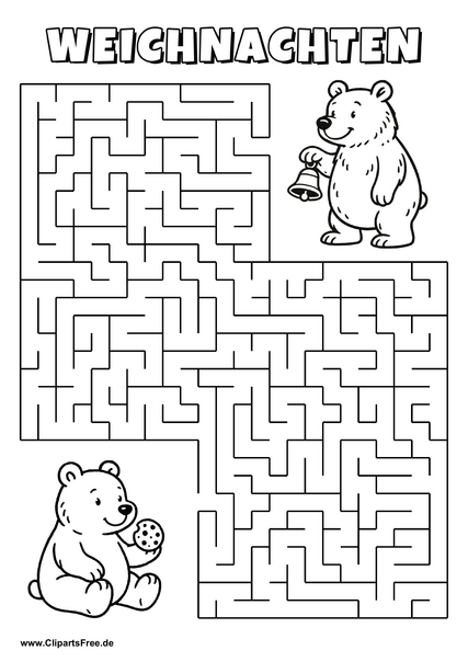 Irrgarten zum Drucken 'Hilf dem Bären mit Keks, den Weg zu dem Bären mit Glocke zu finden'