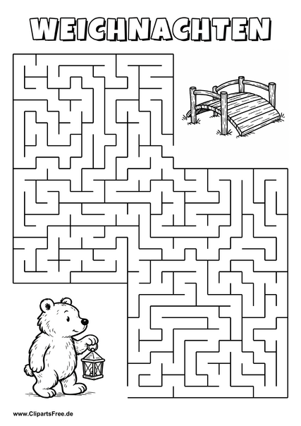 Irrgarten zum Drucken 'Hilf dem Bären mit Laterne, den Weg zu der Holzbrücke zu finden'