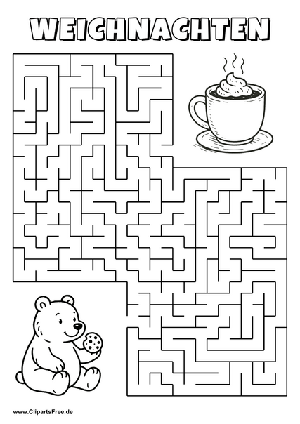 Irrgarten zum Drucken 'Hilf dem Bären mit Plätzchen, den Weg zu der Kakaotasse zu finden'