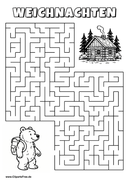 Irrgarten zum Drucken 'Hilf dem Bären mit Rucksack, den Weg zu der Waldhütte zu finden'