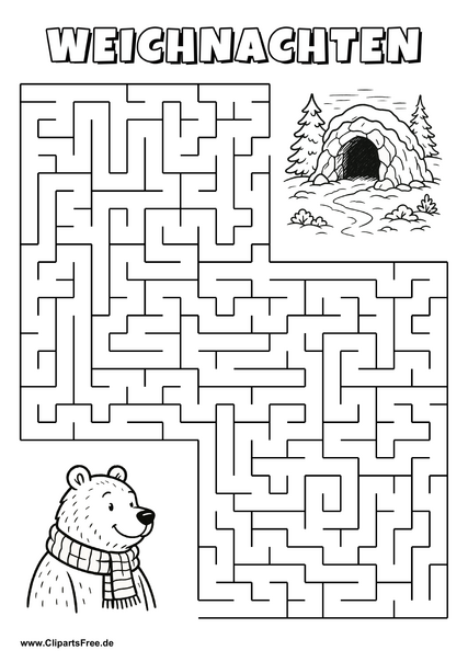 Irrgarten zum Drucken 'Hilf dem Bären mit Schal, den Weg zu der Höhle zu finden'