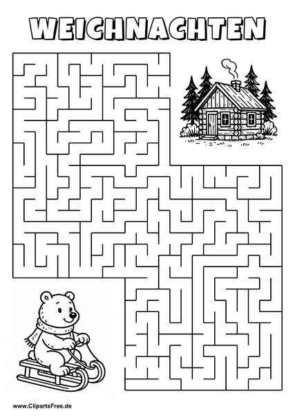Irrgarten zum Drucken 'Hilf dem Bären mit Schlitten, den Weg zu der Waldhütte zu finden'