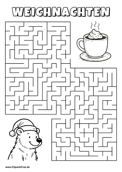 Irrgarten zum Drucken 'Hilf dem Bären mit Weihnachtsmütze, den Weg zu der Kakaotasse zu finden'