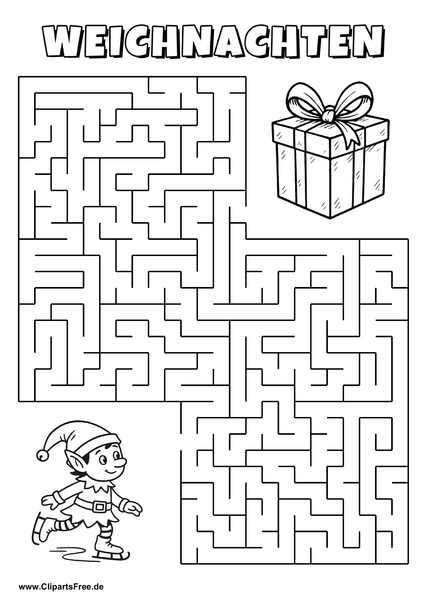 Irrgarten zum Drucken 'Hilf dem Elf auf Schlittschuhen, den Weg zu dem Weihnachtsgeschenk zu finden'